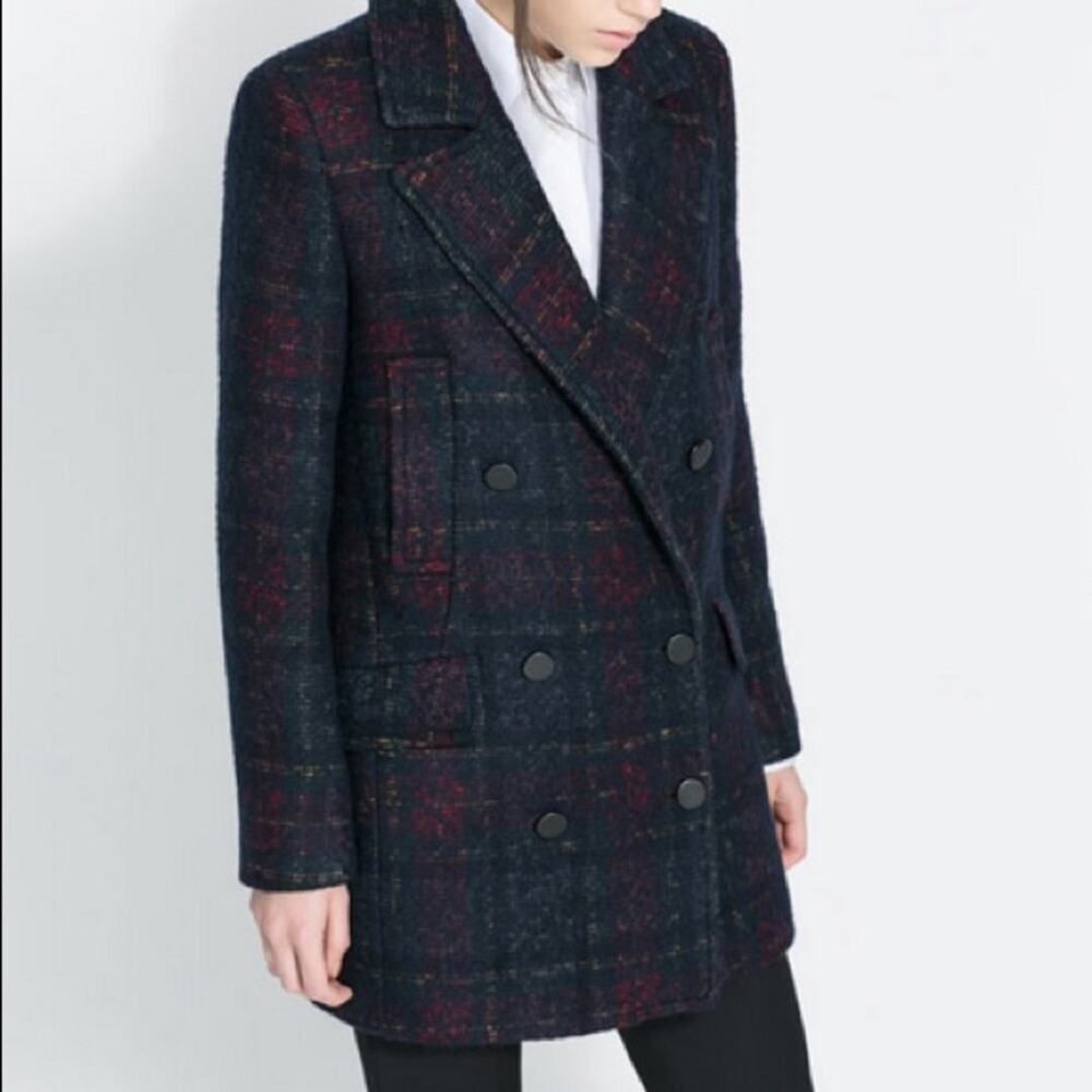 Zara Navy Plaid Tartan Tweed Pea Coat Size US XS